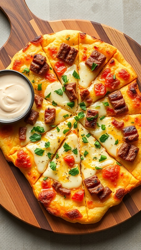 Carnivore flatbread cut into squares, topped with cheese and herbs on a wooden board.